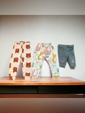 Baby Girl Pant Bundle - 3 Pack with Cats, Giraffe, Elephant, Leopard 0-9 Months